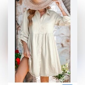 Cupshe Beige Button Front Babydoll Shirt Dress Roll Tab Long Sleeve NWT Size M